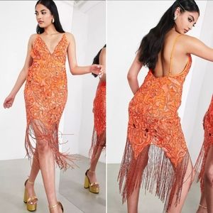 ASOS EDITION 🧡 sequin cutwork cami midi dress with fringe hot orange
